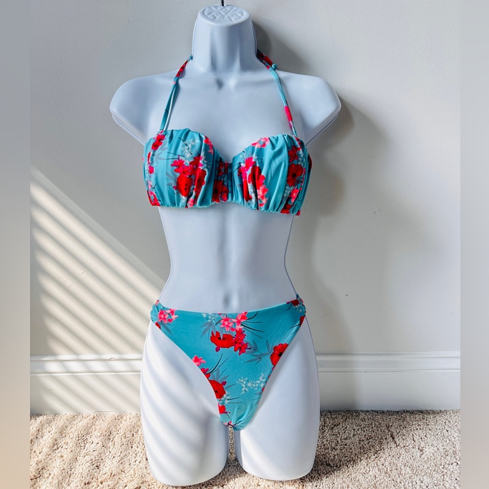 Blue & Pink Japanese Cherry Blossom Floral Print Pushup 2 pc Bikini Size 6